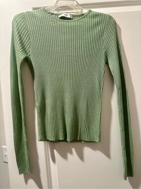 Mango Light Green Ribbed Long Sleeve Top